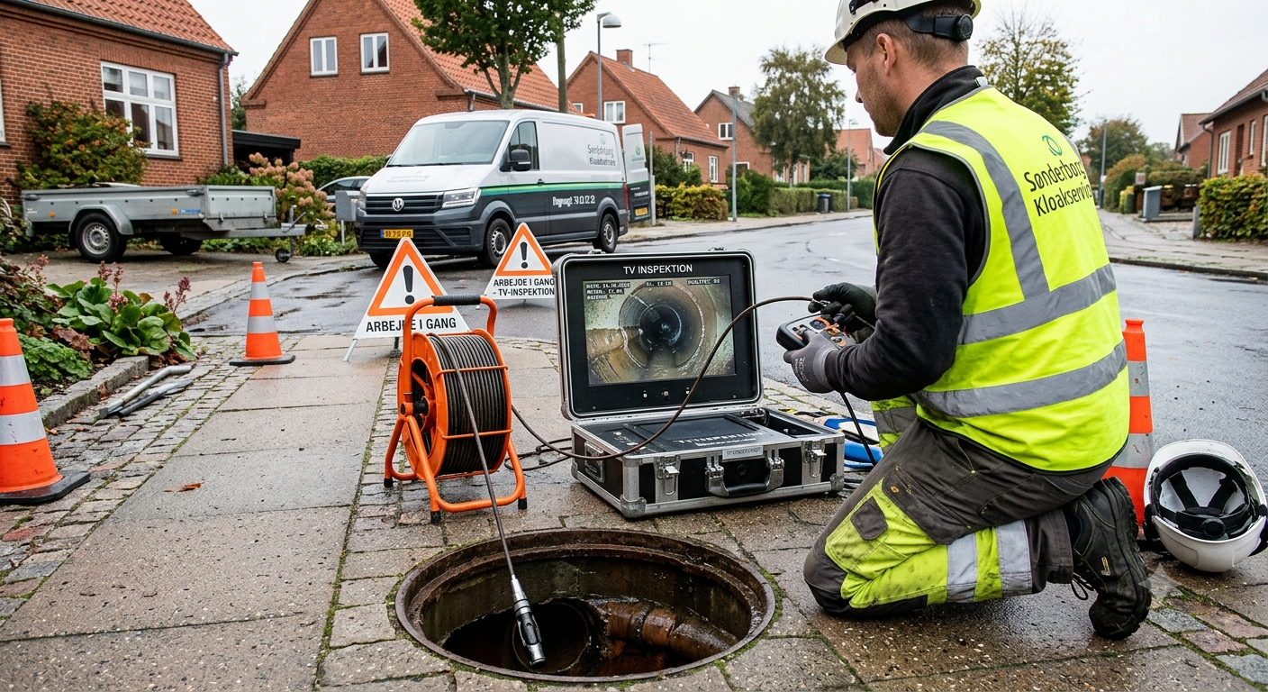 TV-inspektion af dræn — kamera undersøger omfangsdræn ved parcelhus