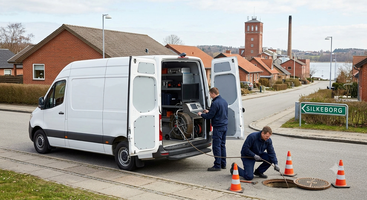 TV-inspektion af kloakrør i Silkeborg — autoriseret kloakmester med kamera nær Silkeborg Søerne
