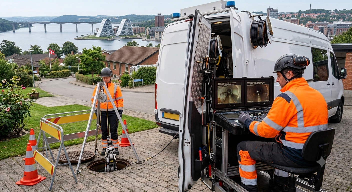 TV-inspektion af kloakrør i Vejle — autoriseret kloakmester med kamera ved Vejle Ådal
