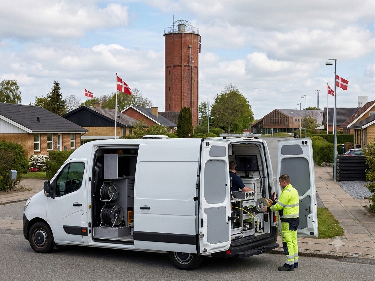 TV-inspektion af kloak i Ikast — autoriseret kloakmester med HD-kamera undersøger stikledning