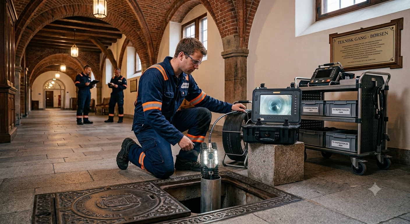 TV-inspektion af kloakrør i København — autoriseret kloakmester med kamera i Københavns kloaknet
