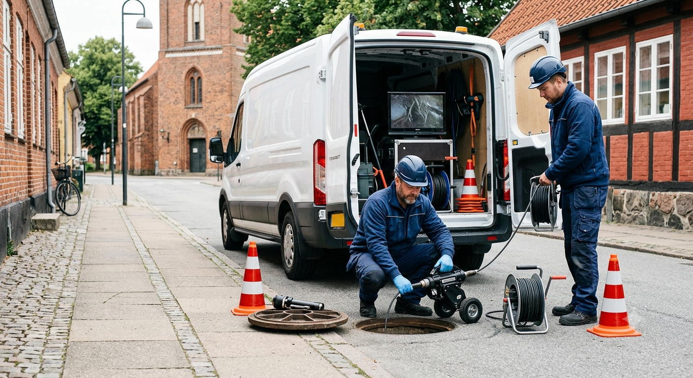 TV-inspektion af kloakrør i Næstved — autoriseret kloakmester med kamera nær Susåen