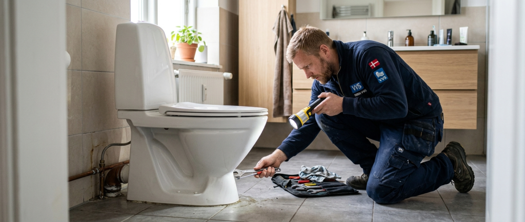 Kloakmester undersøger toilet og afløbsinstallation i badeværelse