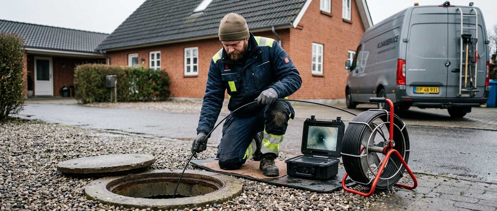 TV-inspektion af kloakrør i Slagelse — autoriseret kloakmester med kamera ved inspektionsbrønd